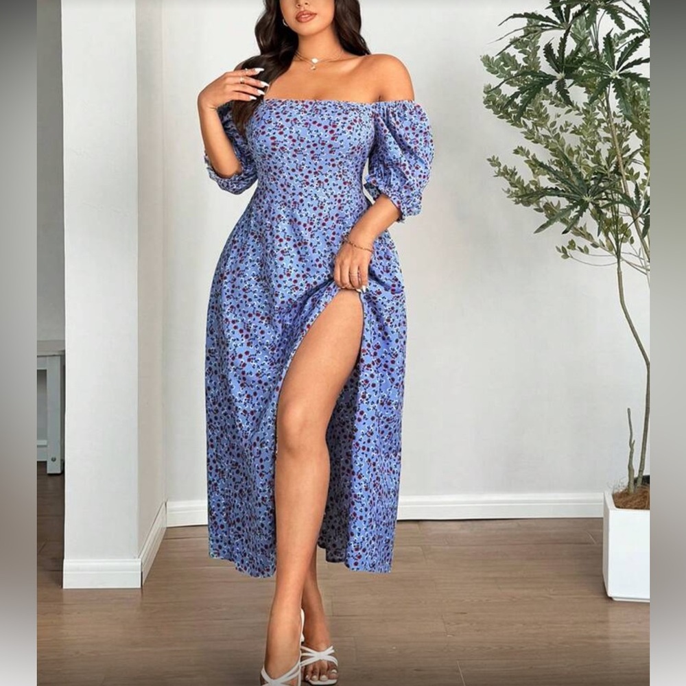 Floral Blue Lace-Up Back Dress - Picture 7 of 8